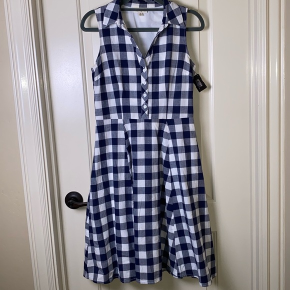 Maison Jules Dresses & Skirts - Maison Jules Small Gingham Dress Navy Blue White Sleeveless Collared Neckline